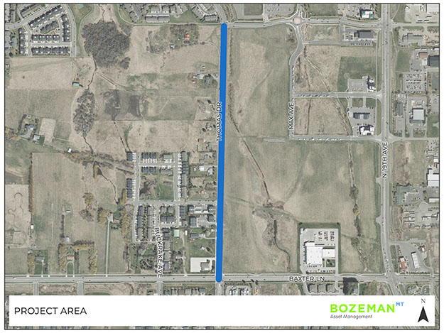 Aerial photograph of the project area for the North 27th Avenue Reconstruction project showing the extents of work on North 27th Avenue between Baxter Lane and Cattail Street.