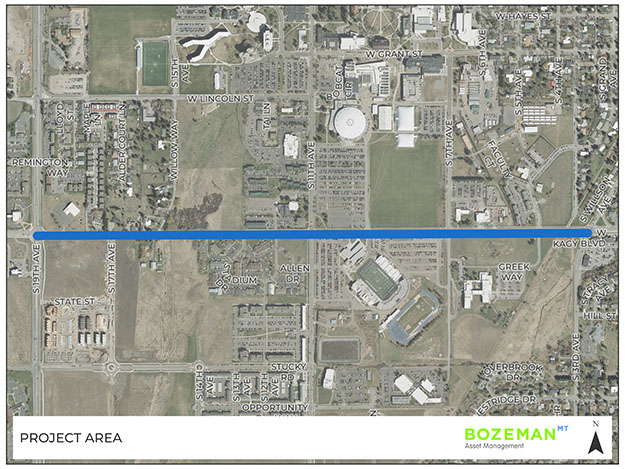 Aerial photograph of the project area for the Kagy Boulevard Reconstruction project showing the extents of work on Kagy Boulevard from South Willson Avenue to South 19th Avenue.