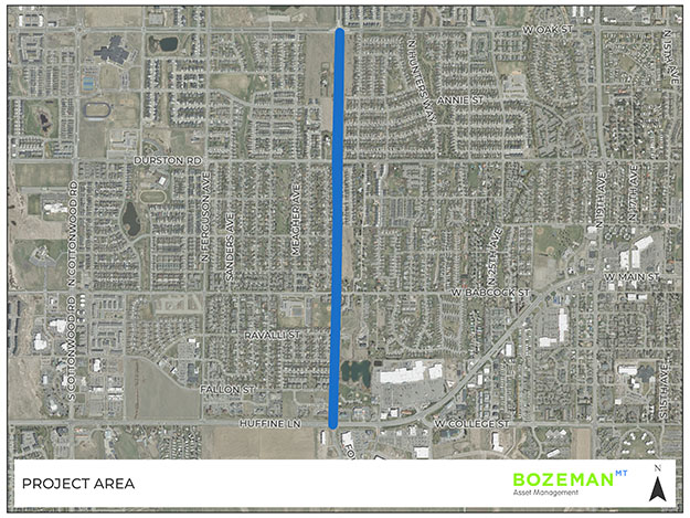 Aerial photograph of the project area for the Cypress Utility Upgrades project showing extents of work on Cypress Street, Aylsworth Avenue, Olive Street, Curtiss Street, and in an alley between Olive Street and Curtiss Street.