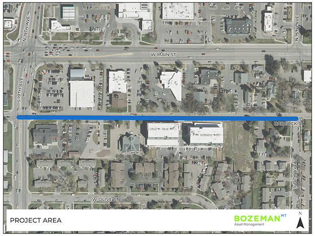 Aerial photograph of the project area for the West Babcock Street Improvement project showing the extents of work on Babcock Street between South 15th and 19th Avenues.
