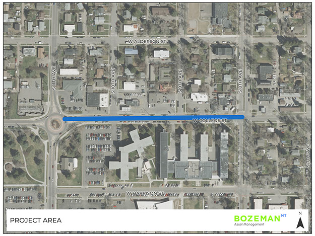Aerial photograph of the project area for the College Street Reconstruction project showing the extents of work on the street from South 8th to 11th Avenues.