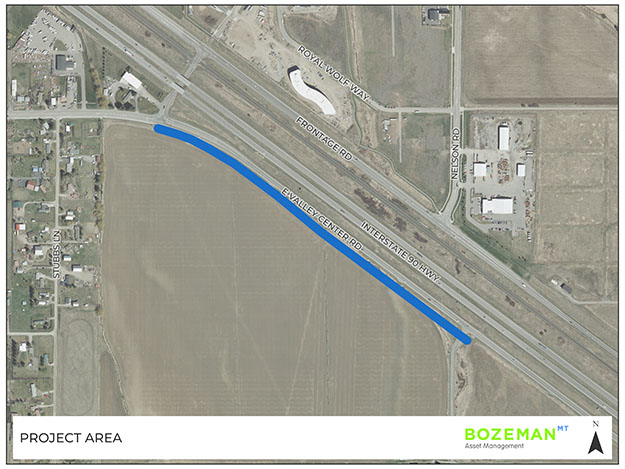 Aerial photograph of the extents of work for the Valley Center Lift Station project on Valley Center Road between Valley Center Spur and Davis Lane.